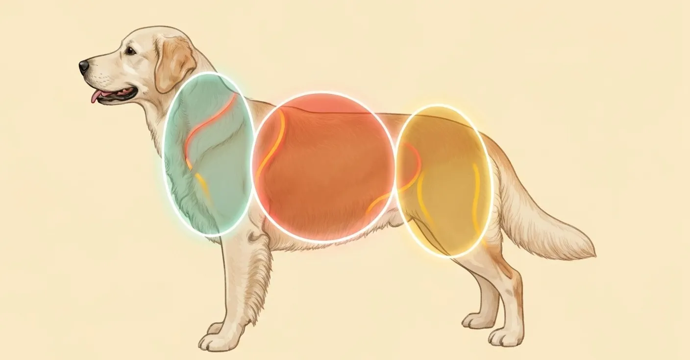 Side-by-side illustration showing Body Condition Score and Muscle Condition Score on a senior dog, with the topline, hindquarters, and shoulders labeled.