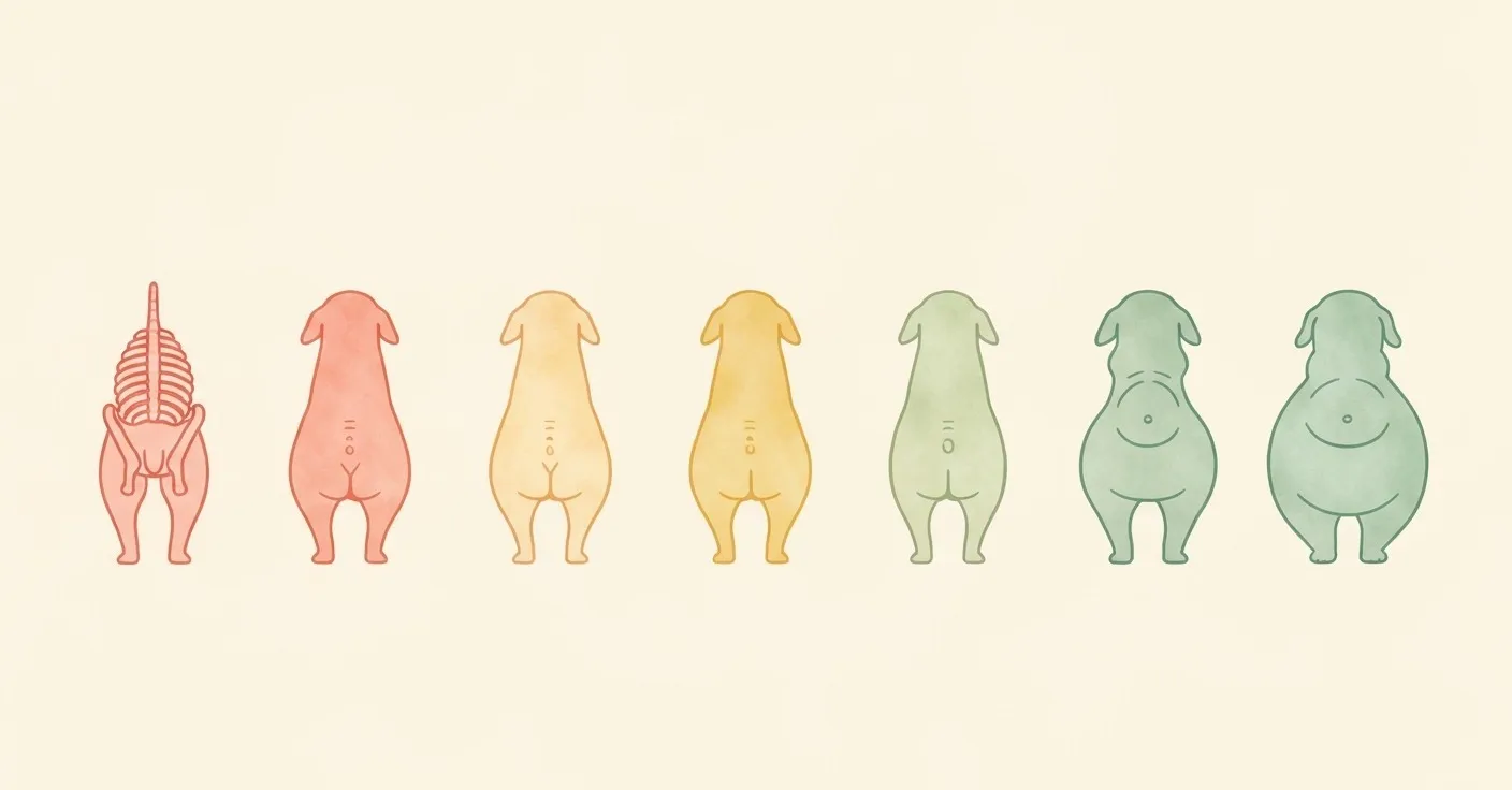 A side-by-side body-condition silhouette chart showing nine canine body shapes from ribs-prominent to severely obese, no text overlays, soft pastel coloring.