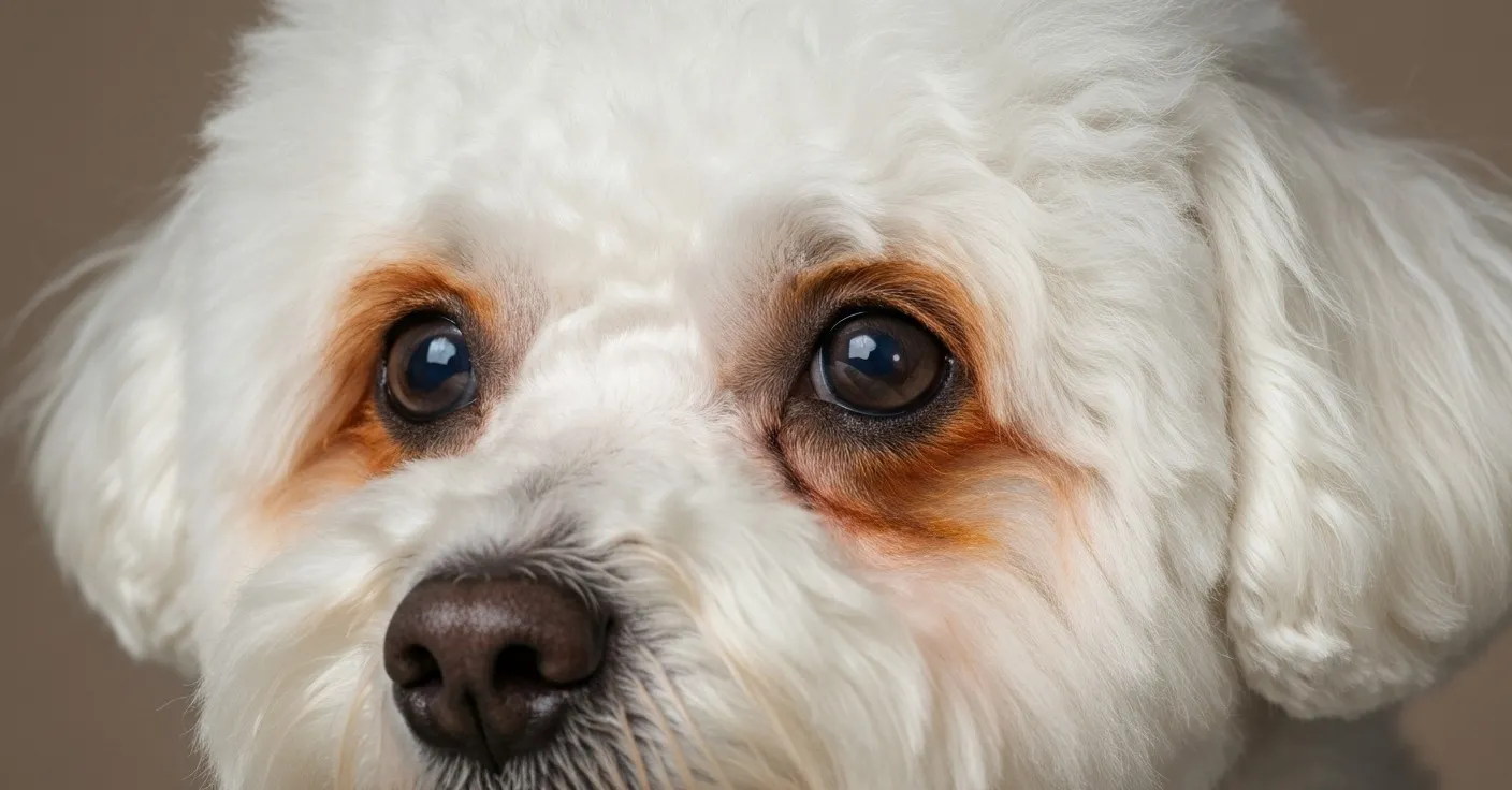 Close-up of a Bichon Frise's face showing typical periocular staining pattern, with rust-brown color concentrated at the inner corner of each eye.
