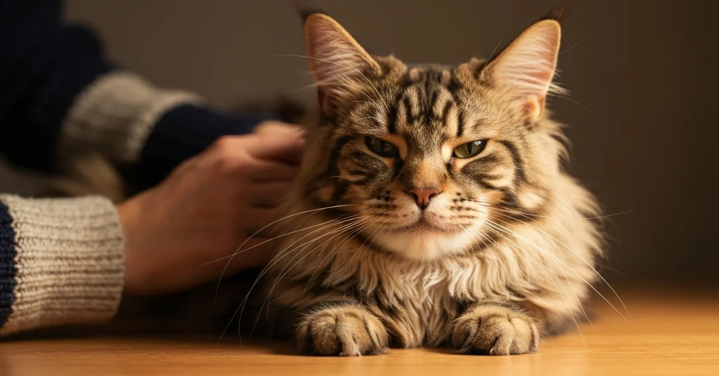 Long-haired cat being brushed outdoors, loose fur accumulating on the brush.