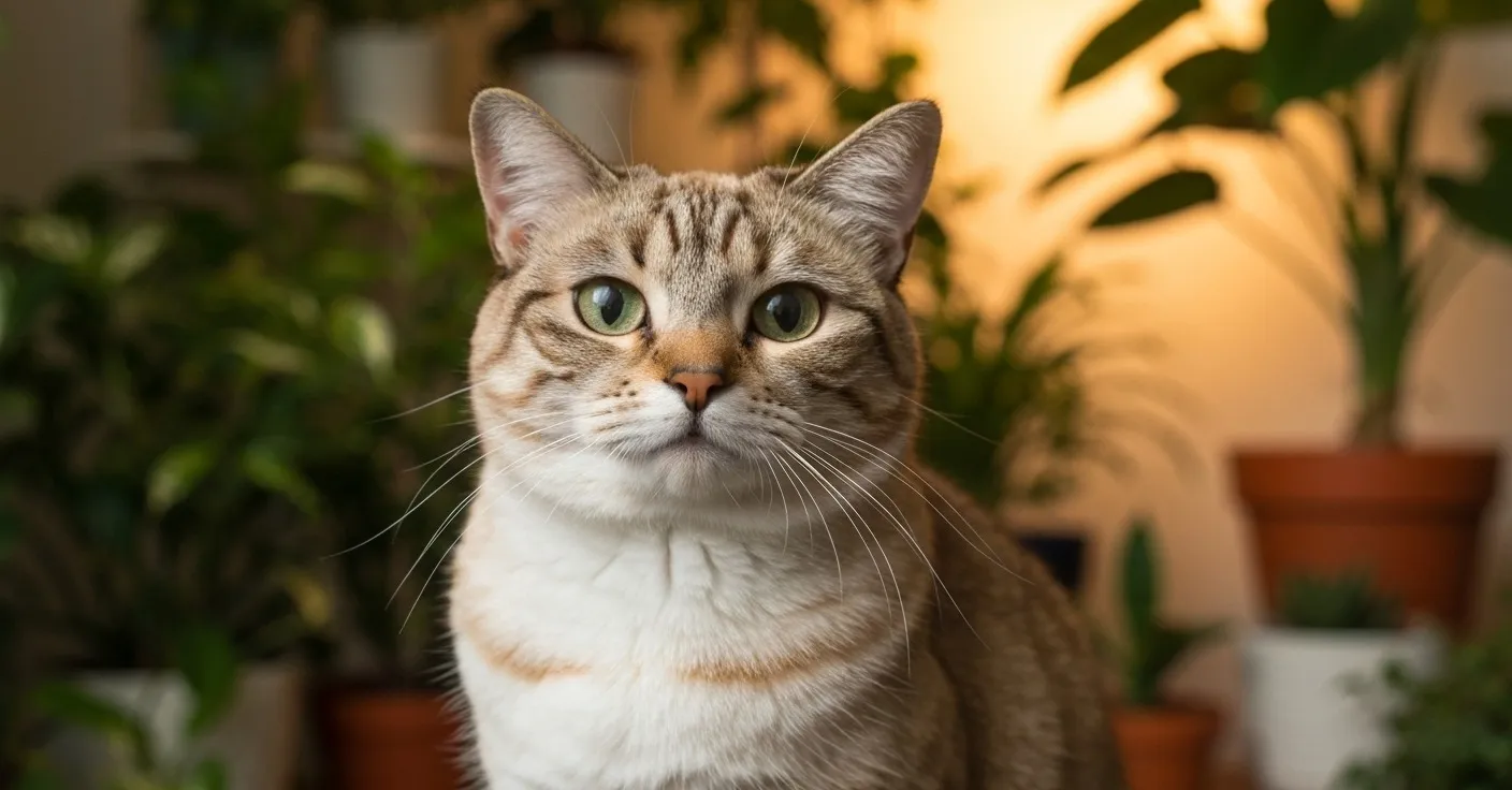 A tabby cat eating from a ceramic food bowl beside a supplement sachet on a wooden kitchen floor