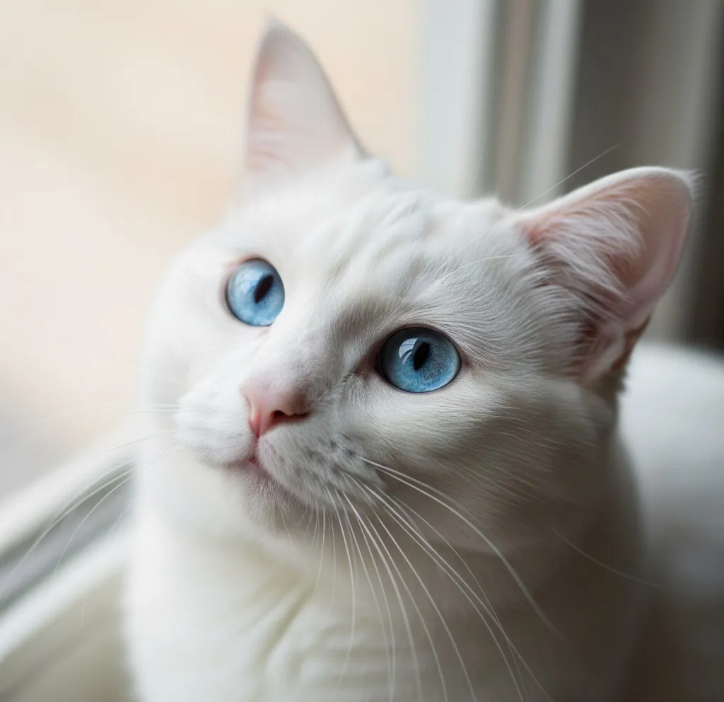 Cat looking up calmly with clear eyes in a bright veterinary room