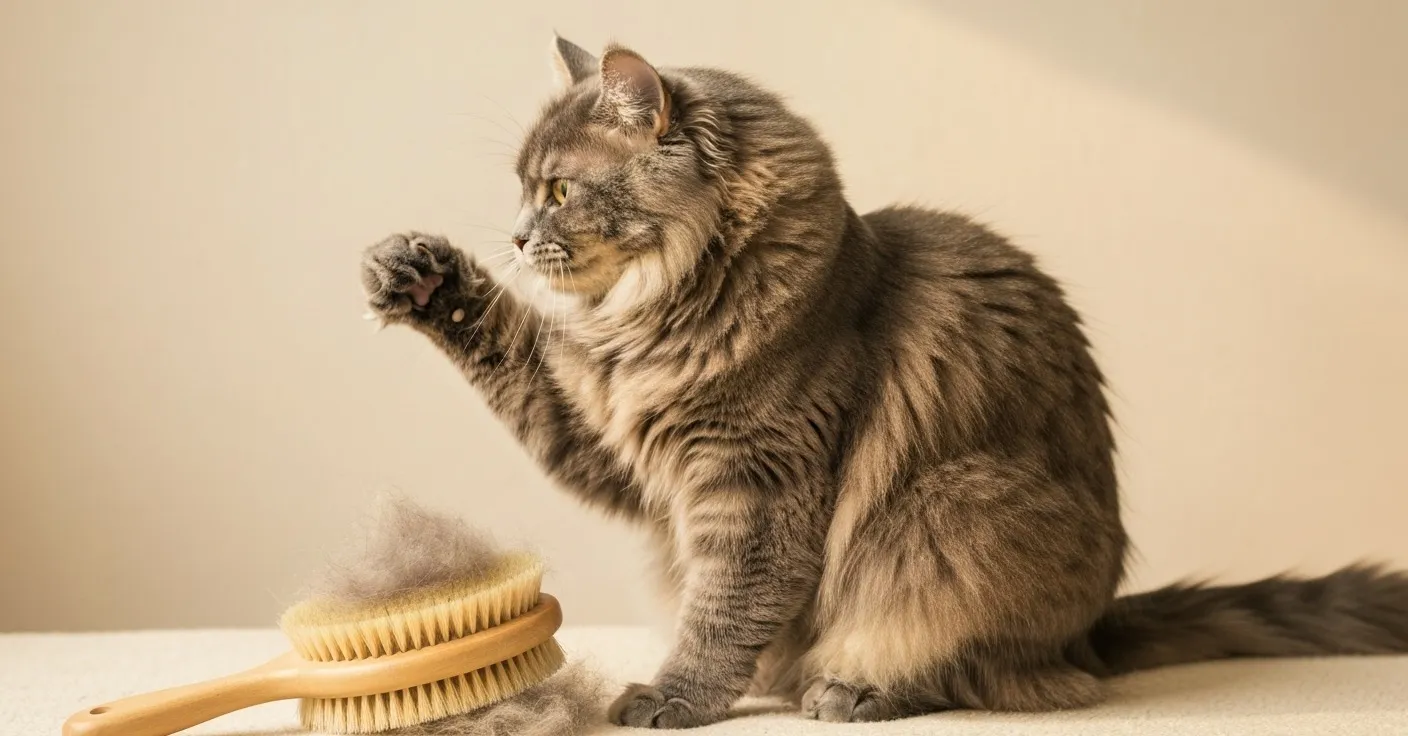 A long-haired cat sitting next to a grooming brush, illustrating the daily fur intake that contributes to hairball formation