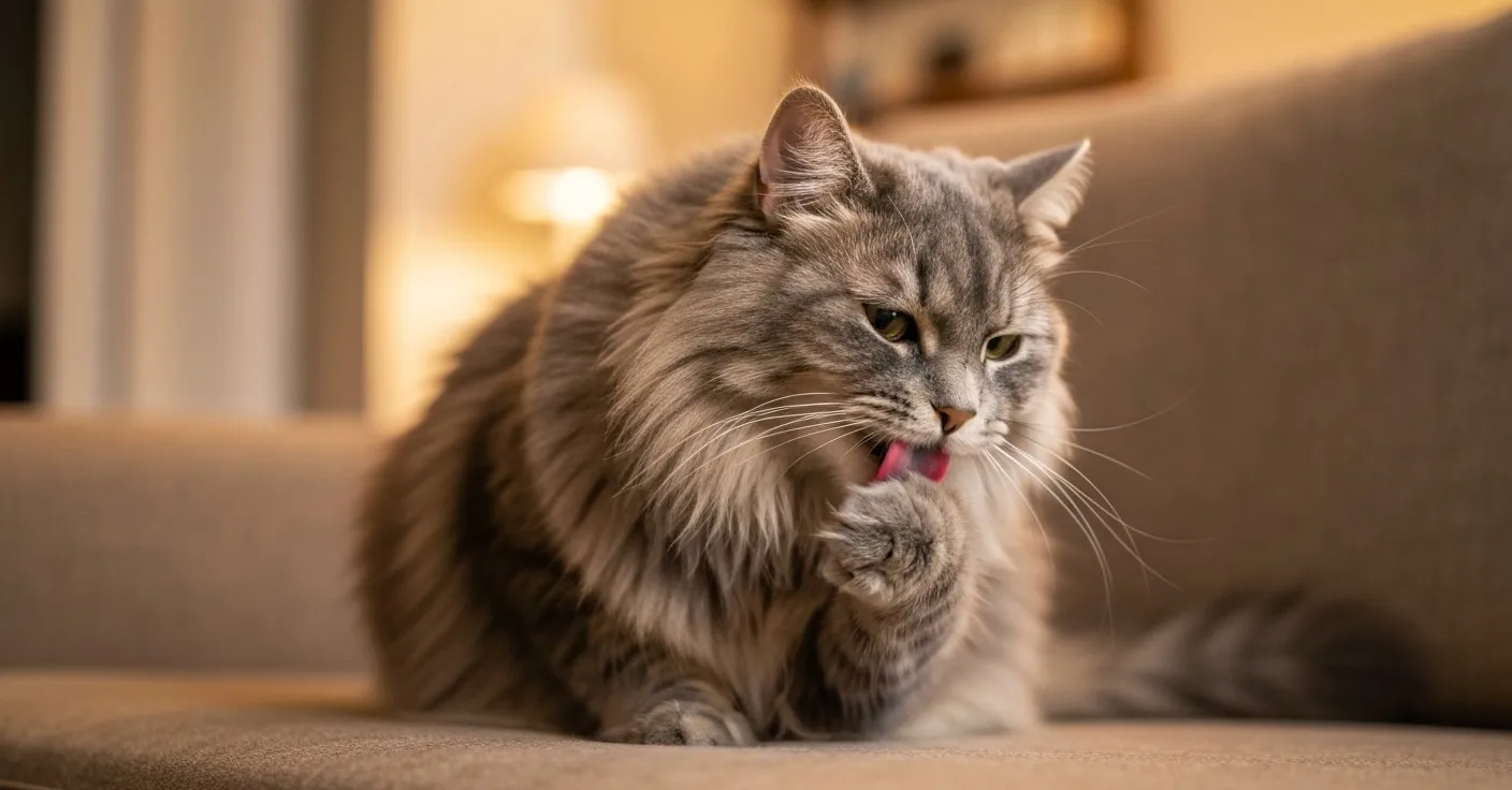 Long-haired cat grooming itself, illustrating the hair ingestion process that leads to hairball formation.