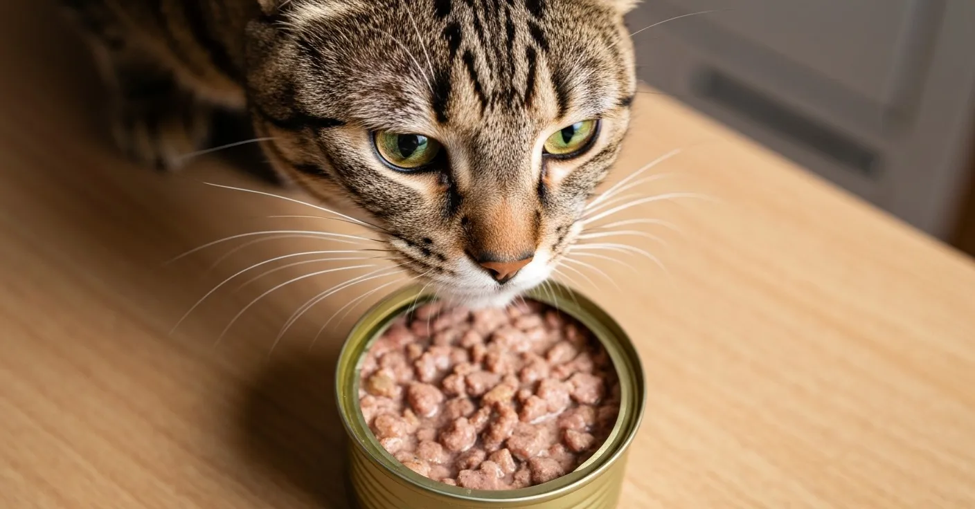 Indoor cat inspecting an open can of wet food on a kitchen counter