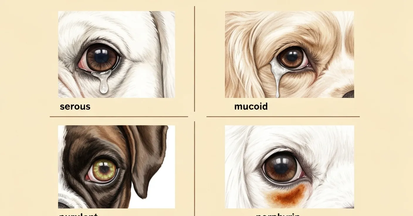 Side-by-side comparison illustration of four dog eyes showing clear watery, white mucoid, yellow-green purulent, and rust-brown porphyrin discharge types.