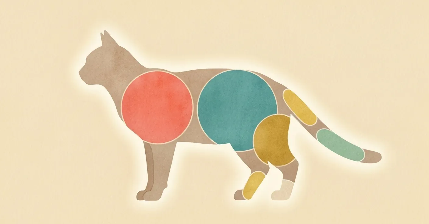 A simple anatomical body map of a cat with color-coded zones marking common overgrooming distribution patterns: belly, flanks, base of tail, and inner thighs.