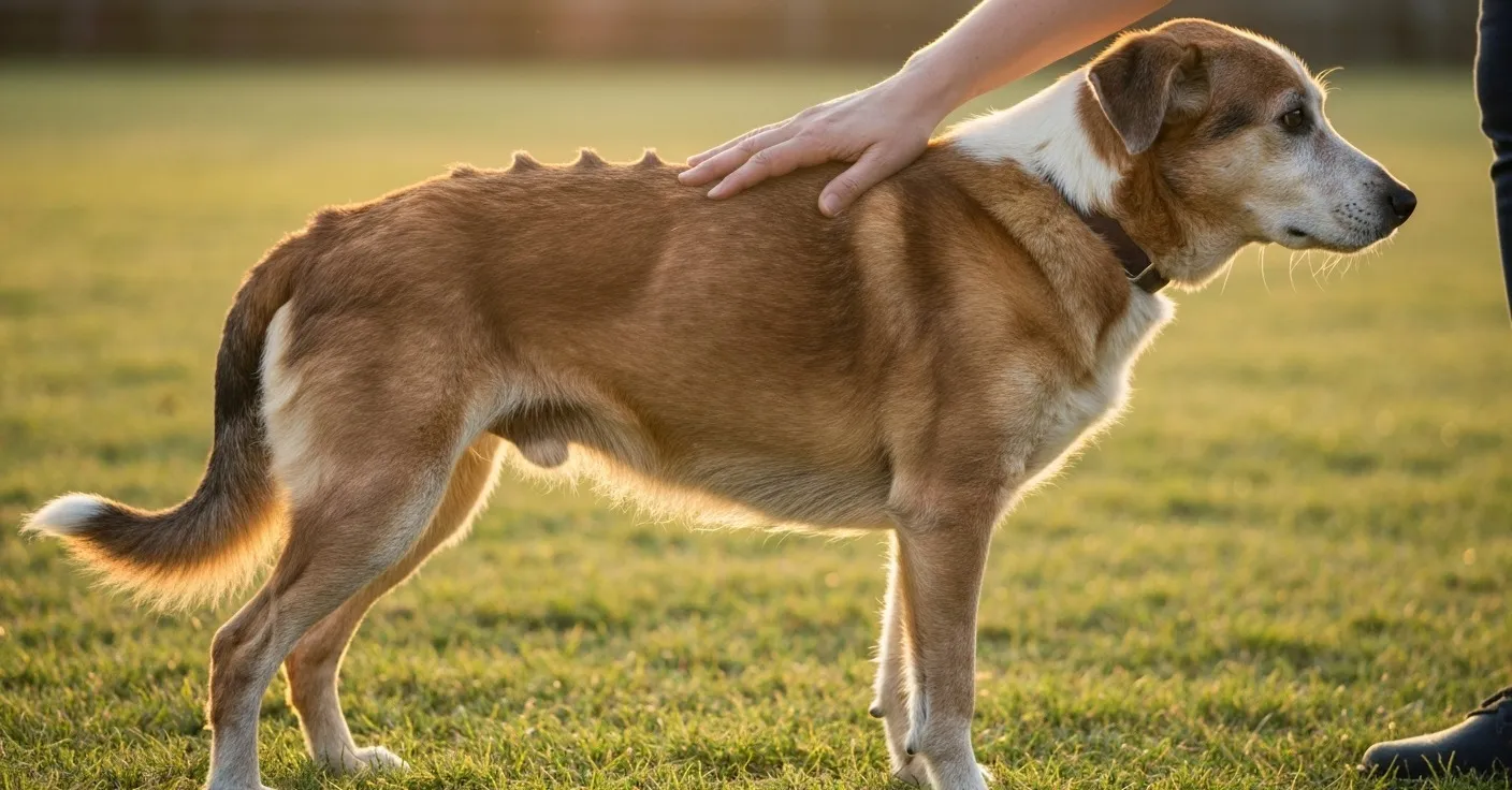 Dog viewed from above and from the side showing the early visible signs of muscle loss: temporal hollowing, visible spine ridge, and exaggerated belly tuck.