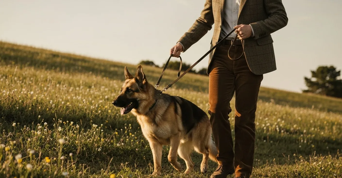 Senior dog walking uphill on a grassy slope with owner guiding leash