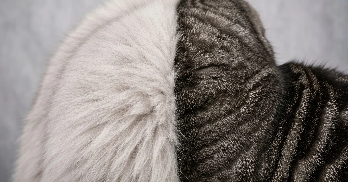 Cat with dull, slightly unkempt coat being examined, contrasted with a healthy glossy-coated cat beside it.