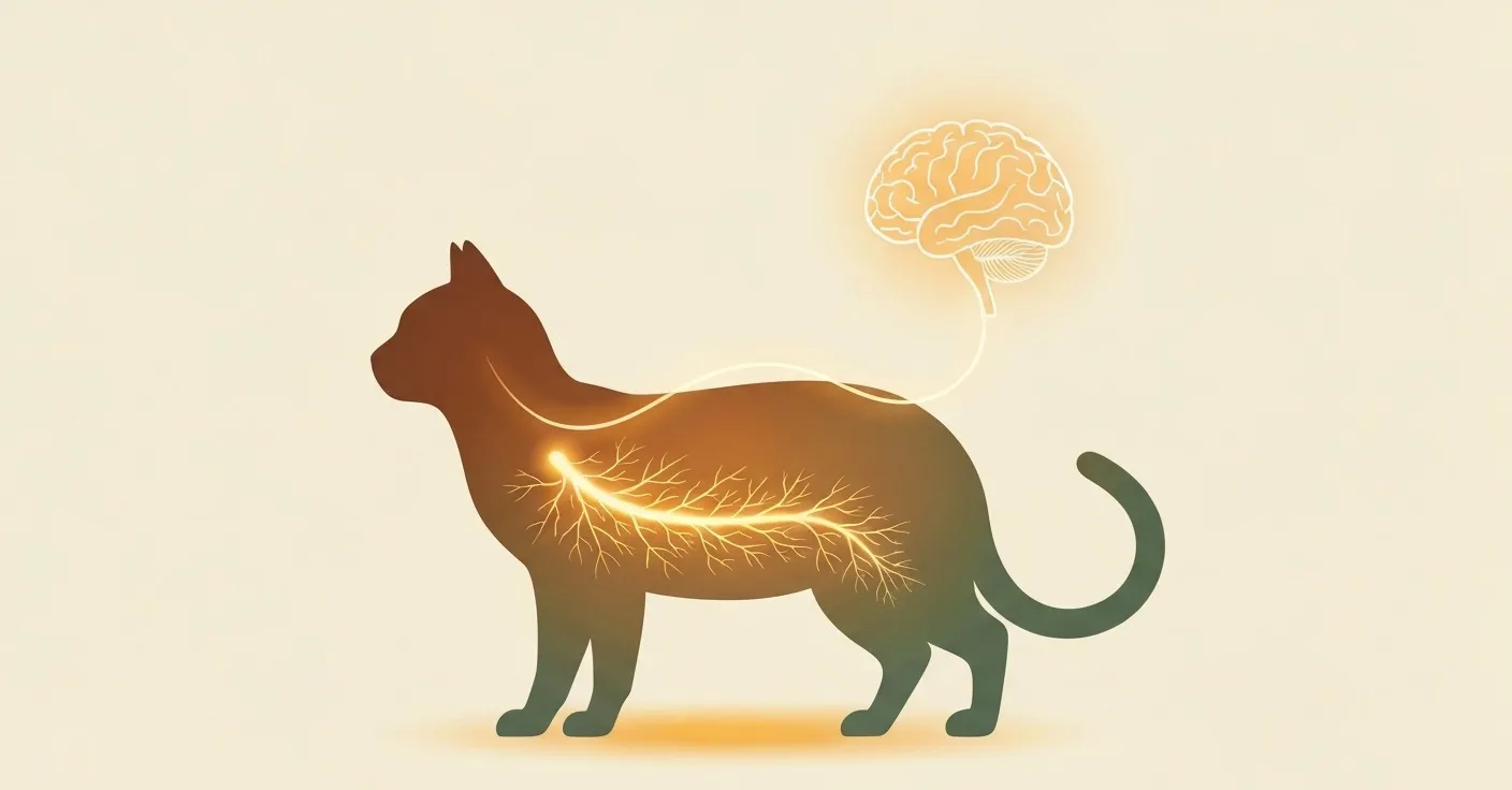 Illustration of the gut-brain axis showing the vagus nerve pathway connecting the enteric nervous system to the central nervous system in cats.
