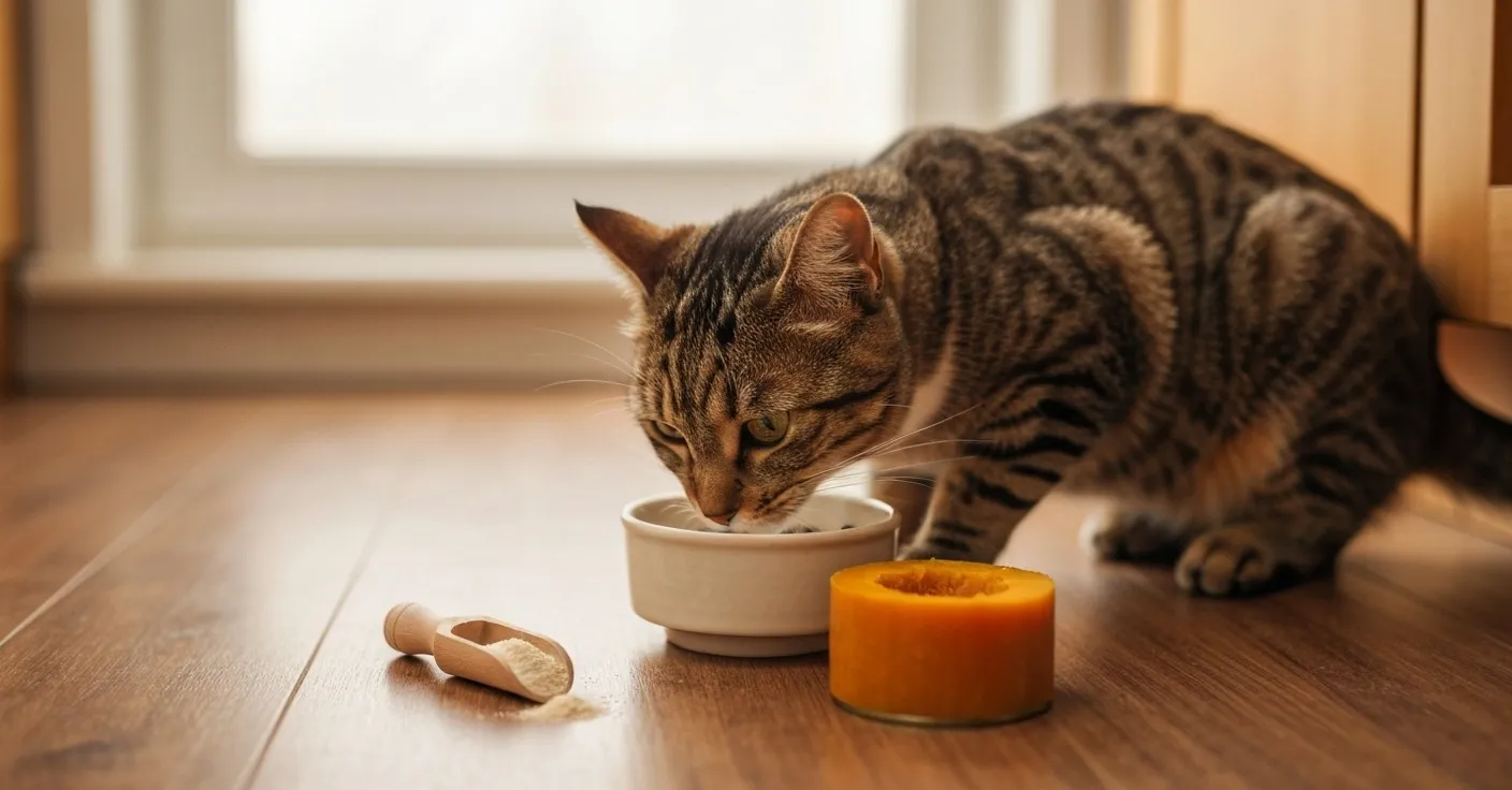 A tabby cat eating from a ceramic bowl on a wooden kitchen floor, with warm natural light behind it.