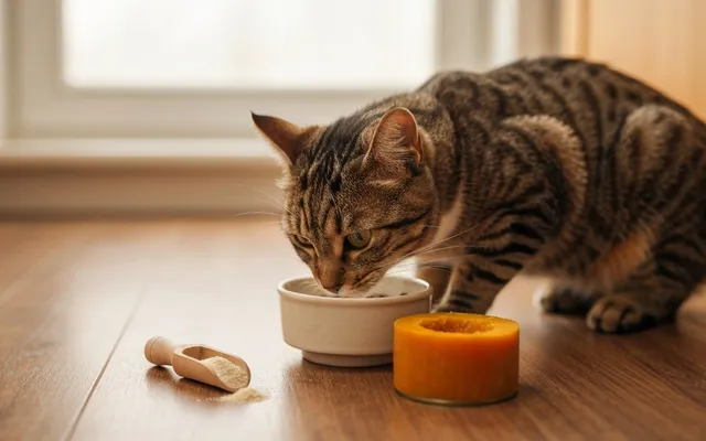 A tabby cat eating from a ceramic bowl on a wooden kitchen floor, with warm natural light behind it.