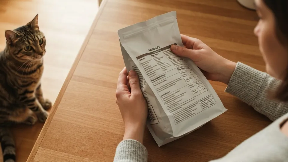 Close-up of a person reading the back-of-bag ingredients panel on a bag of cat food at a kitchen counter.