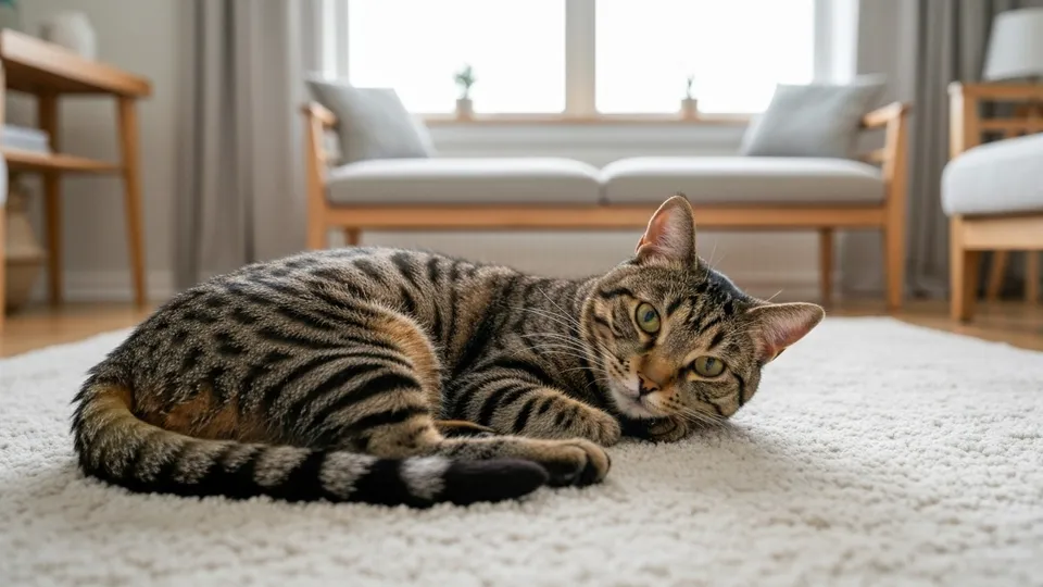 Cat sitting with a slightly hunched posture, showing signs of digestive discomfort.