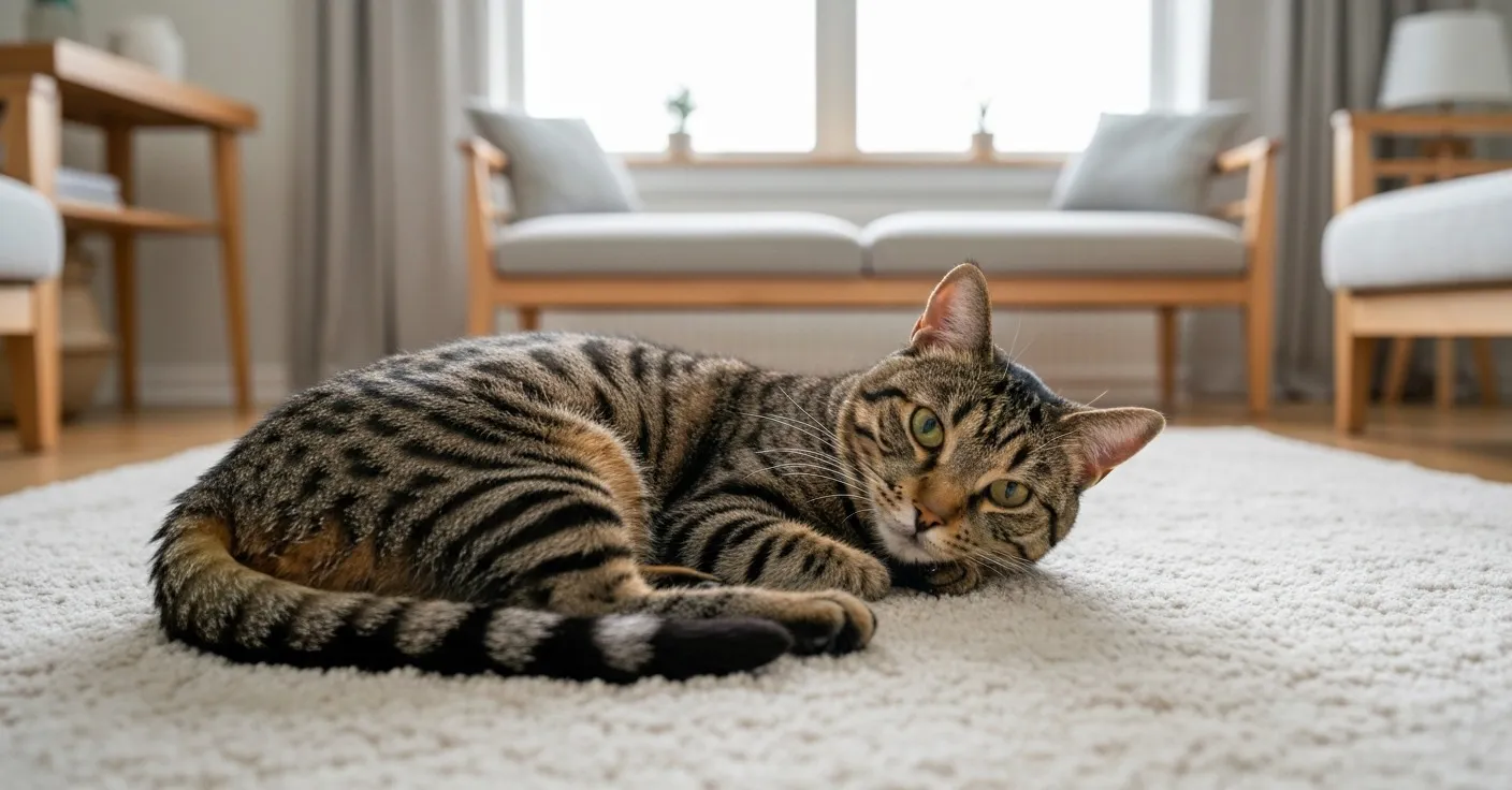 Cat sitting with a slightly hunched posture, showing signs of digestive discomfort.