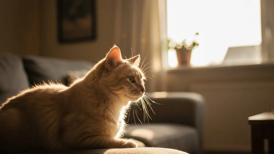 A tabby cat being gently brushed on a warm wooden floor, loose fur gathered beside it