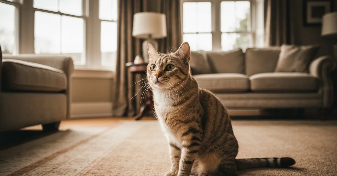 Long-haired cat grooming itself on a windowsill.