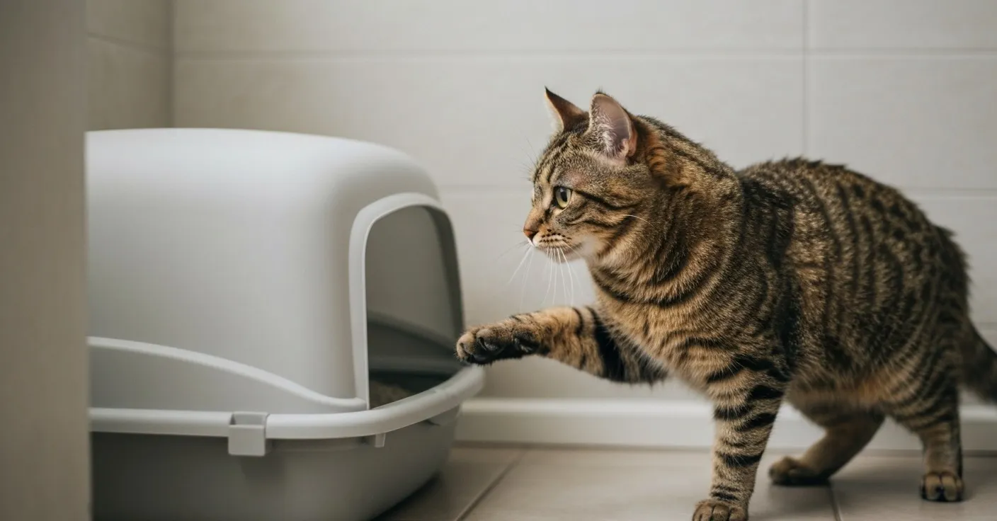 A medium-haired tabby cat sitting beside a clean covered litter box on a tile floor, looking thoughtfully away.