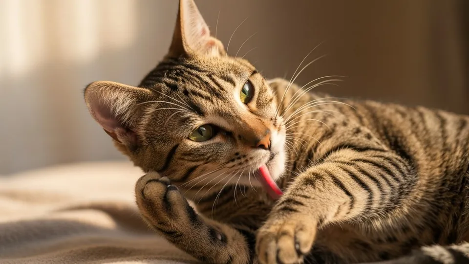 A short-haired cat mid-grooming on a soft beige blanket in afternoon light, paw curled near its belly.