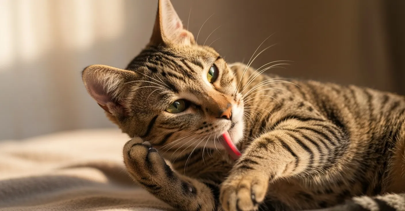 A short-haired cat mid-grooming on a soft beige blanket in afternoon light, paw curled near its belly.