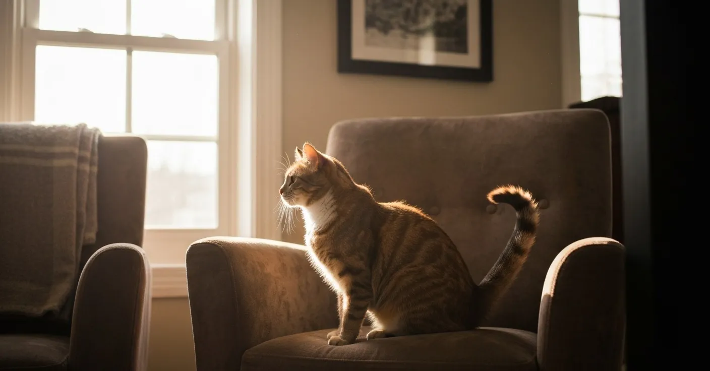 Orange tabby cat eating from a ceramic bowl with a supplement sachet beside it.