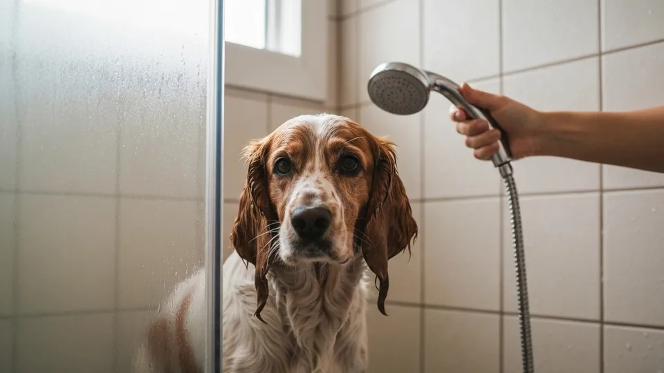 A medium-size dog being gently rinsed with warm water in a home shower stall, calm and relaxed, soft natural light.