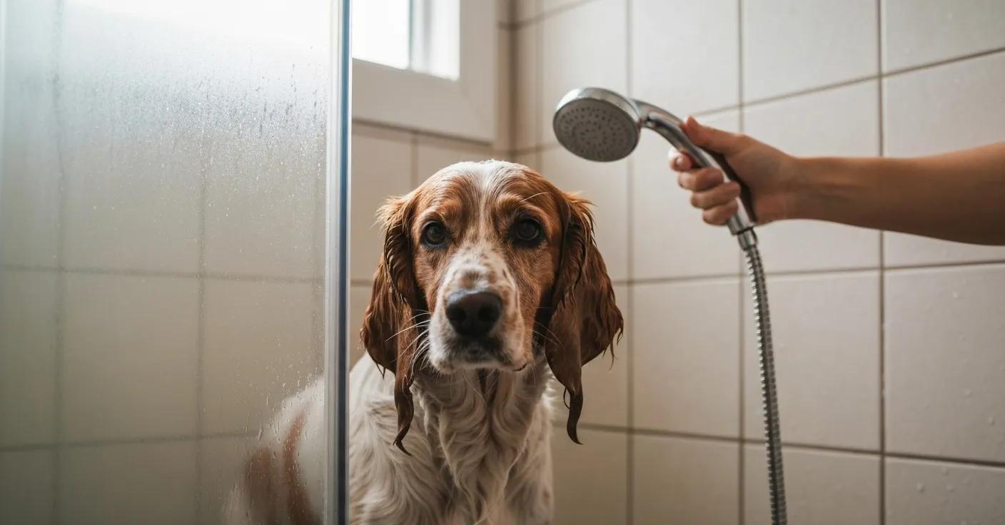 A medium-size dog being gently rinsed with warm water in a home shower stall, calm and relaxed, soft natural light.