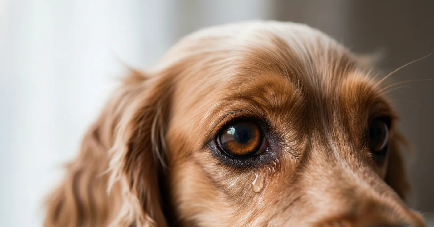 Close-up of a calm Cocker Spaniel's eye showing mild clear tear overflow at the inner corner.