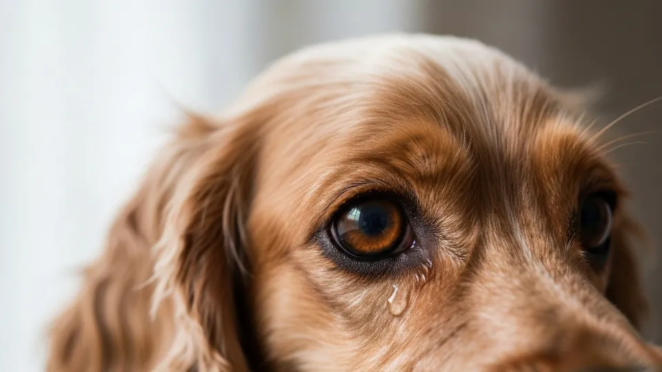 Close-up of a calm Cocker Spaniel's eye showing mild clear tear overflow at the inner corner.