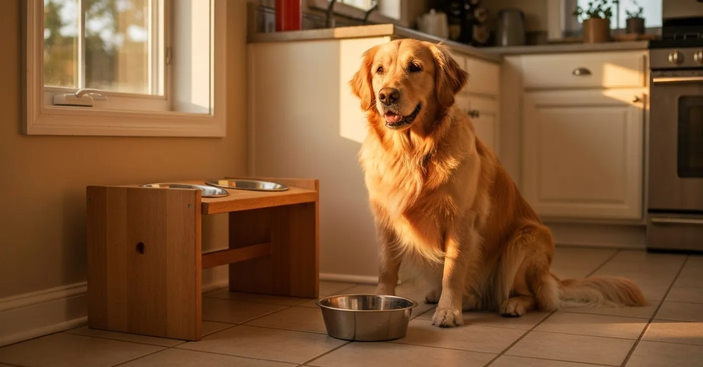 A 25-kg golden retriever waiting beside a wooden feeding station at golden hour, an empty stainless steel bowl on a tile floor.