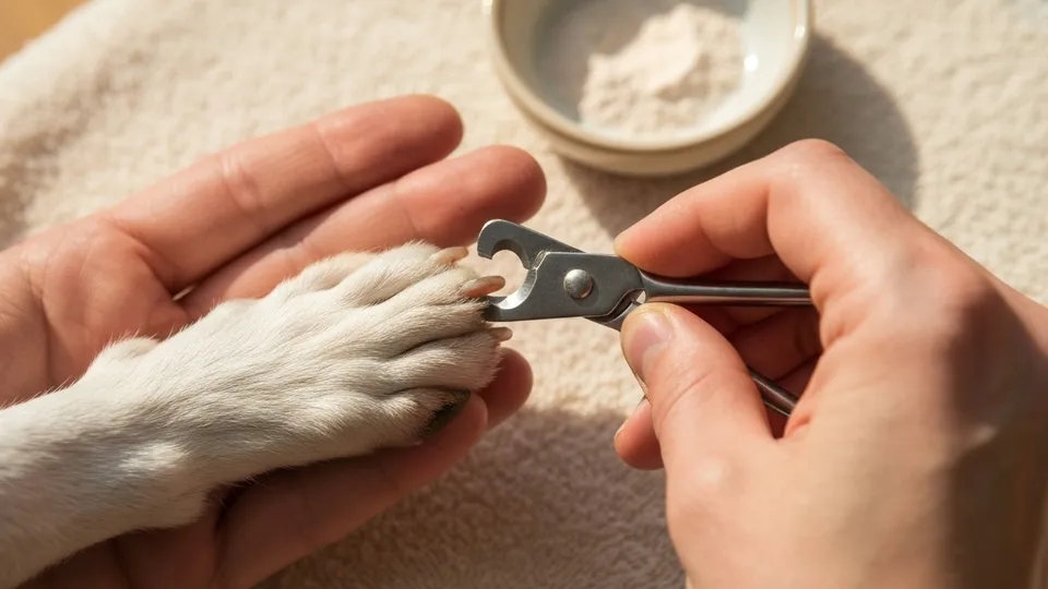 A close-up of a small dog's paw being held gently while an owner positions a pair of guillotine-style nail clippers, warm indoor lighting.