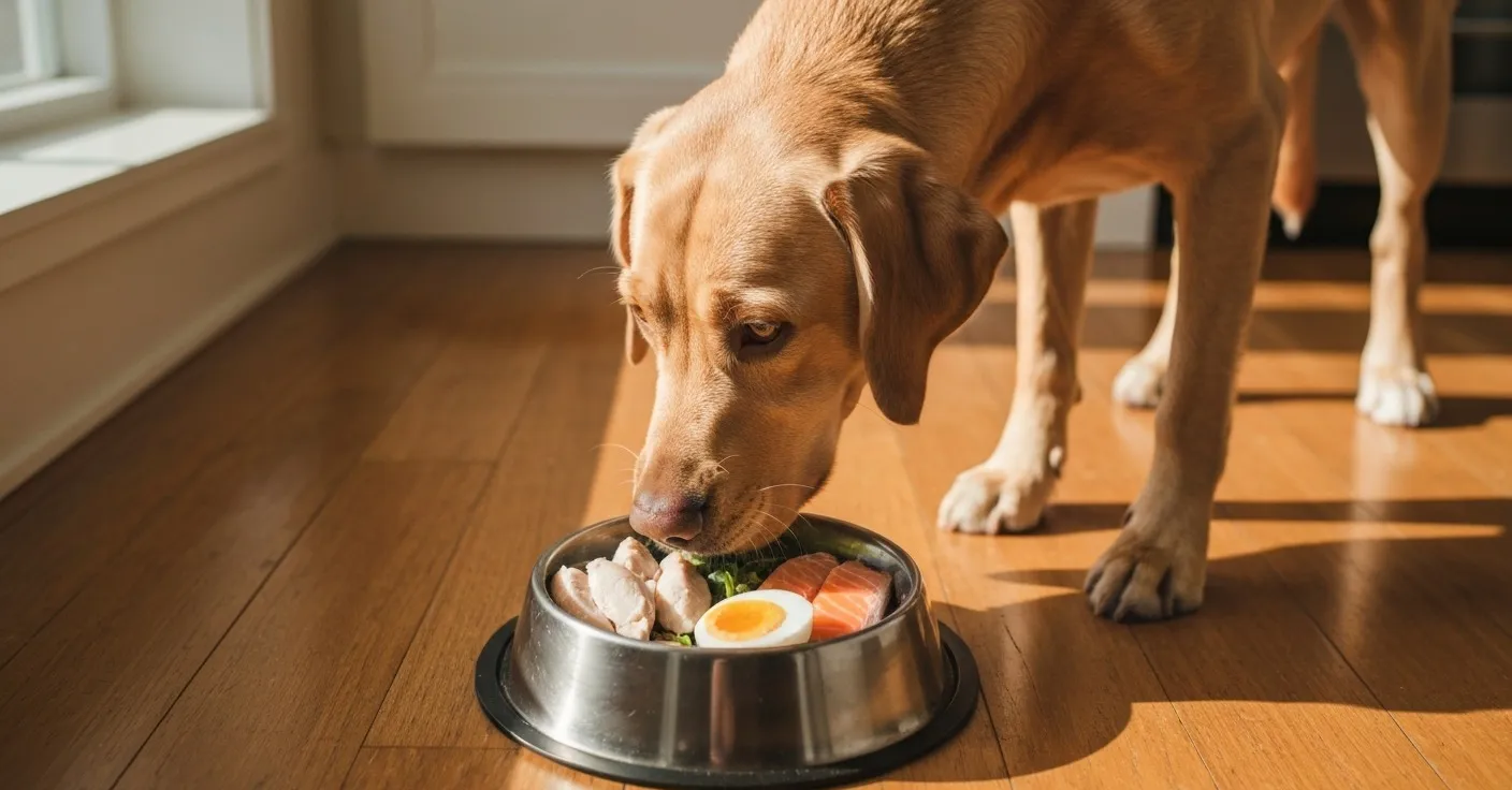 A lean adult dog eating a fresh whole-food meal from a stainless steel bowl on a wooden floor.