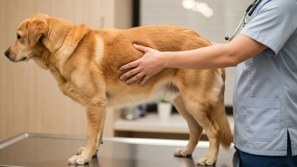 Veterinarian assessing a dog's body condition by feeling along its spine and ribs.
