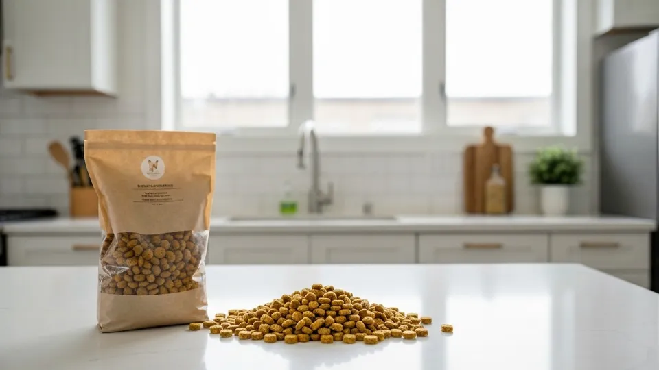 A bag of kibble on a kitchen counter with peas, lentils, and chickpeas in small dishes alongside, soft morning light.