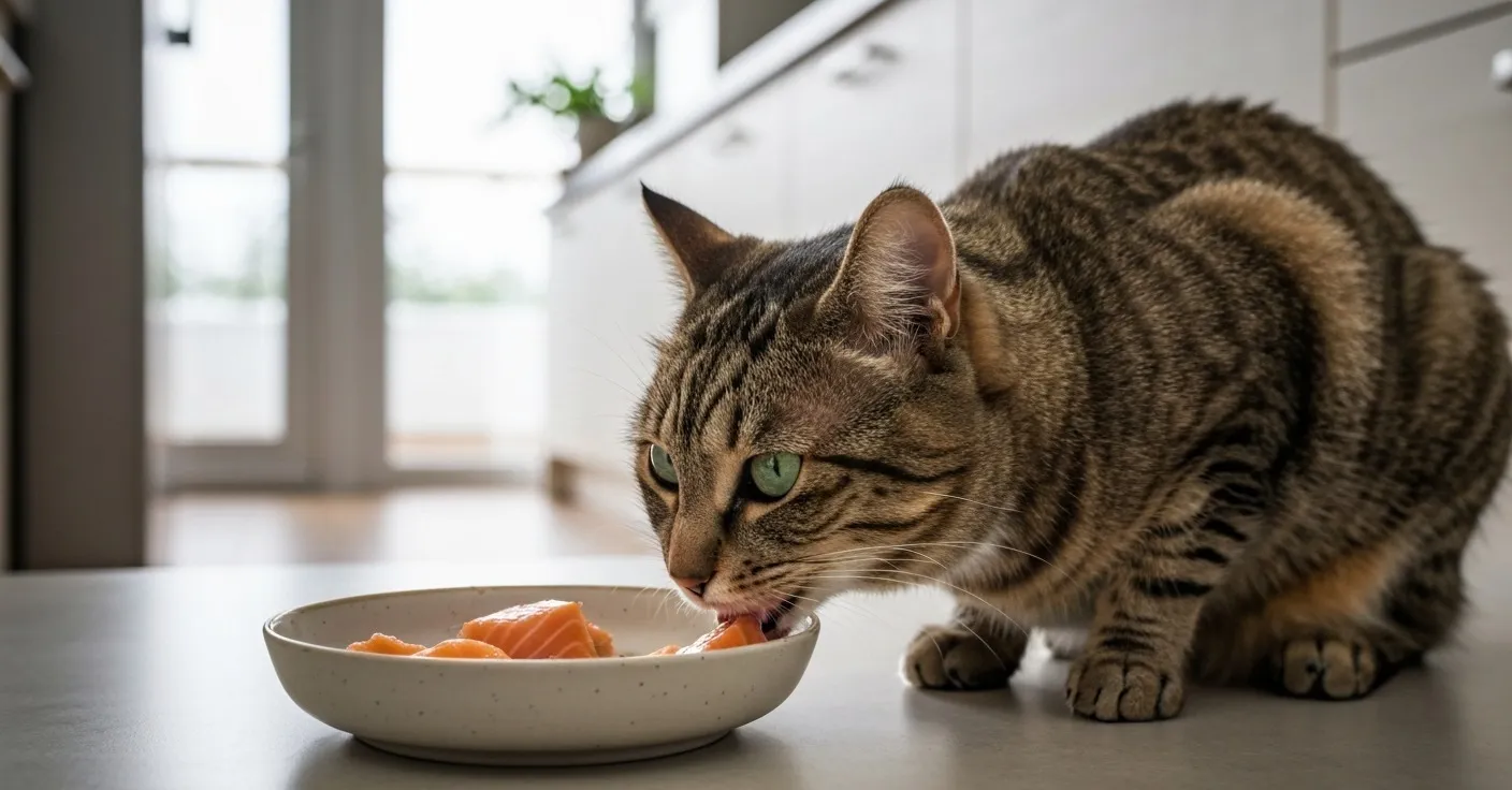 Indoor cat eating from a ceramic bowl on a kitchen floor.