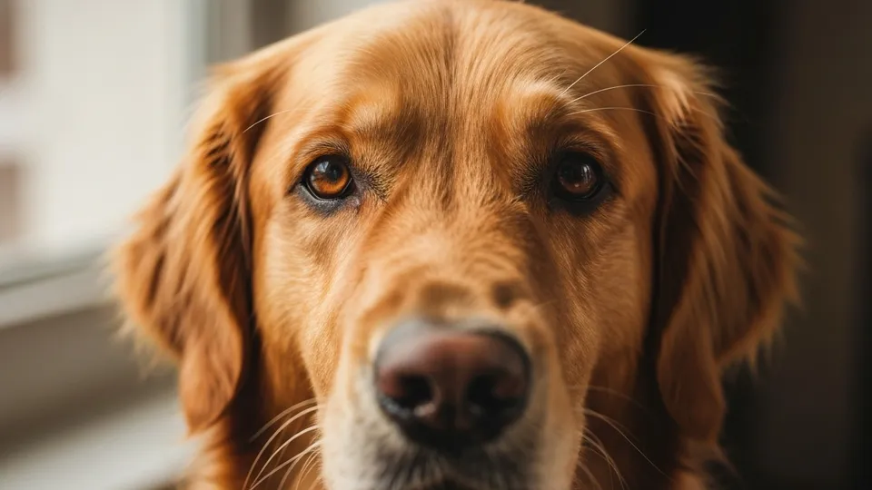 Close-up of a dog's bright amber eye with sunlight, illustrating how the retina filters light.