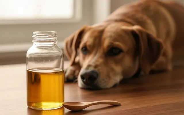 A glass bottle of golden fish oil beside a healthy adult dog resting in soft natural light.