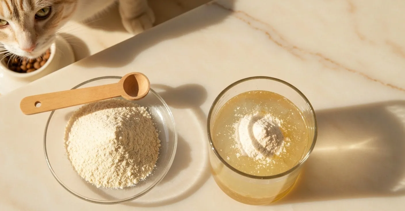 Psyllium husk powder in a small glass dish beside a measuring spoon.