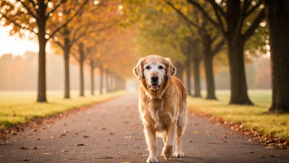 A calm senior dog walking on a quiet park path in soft morning light.