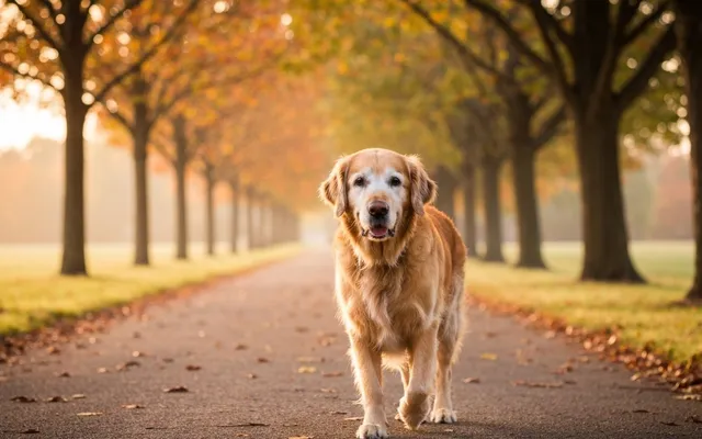 A calm senior dog walking on a quiet park path in soft morning light.