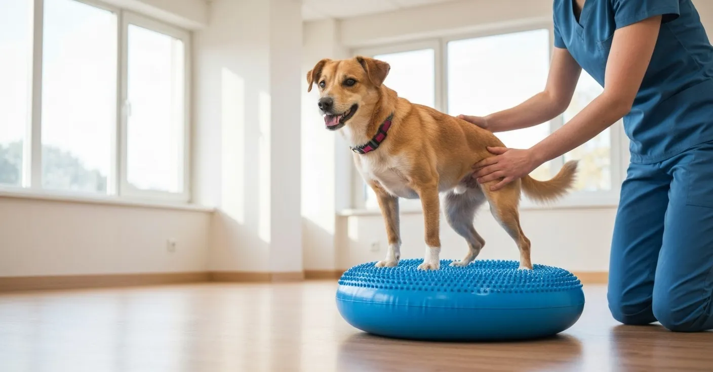 Senior golden retriever doing a balance exercise on a therapy mat.