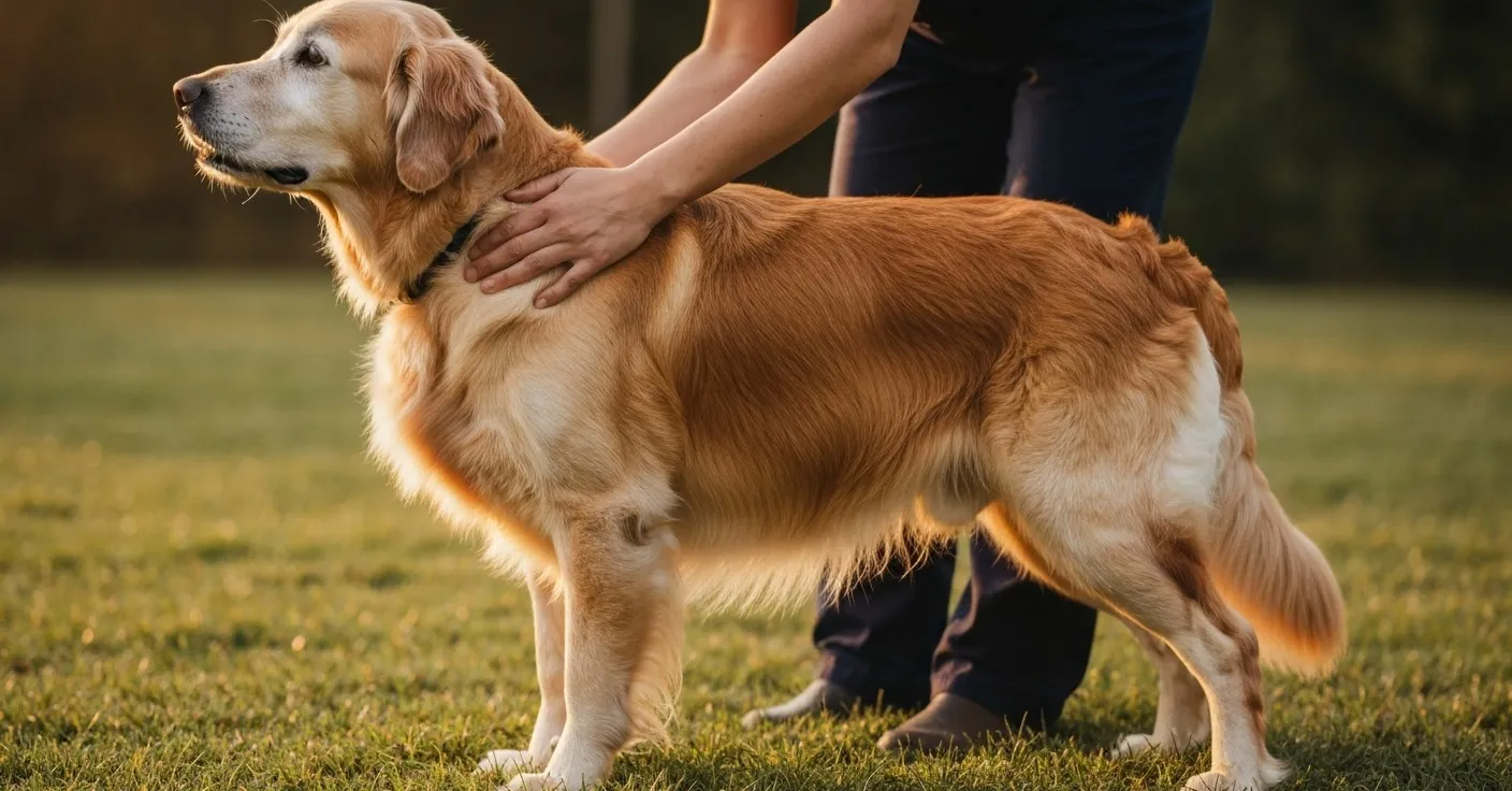 Senior golden retriever walking on grass with its owner, showing slight muscle loss along the hindquarters.