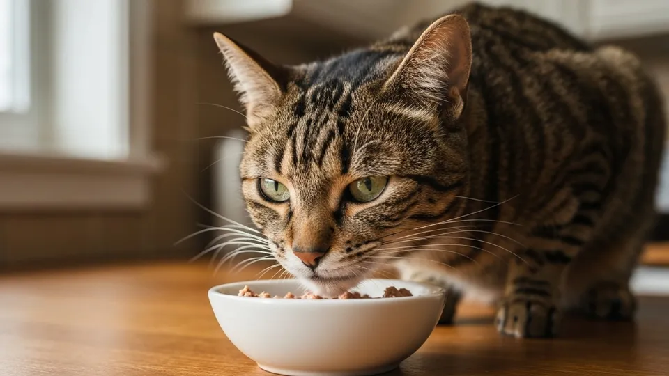 A close-up of a healthy adult tabby cat eating wet food from a ceramic bowl, illustrating dietary taurine intake.
