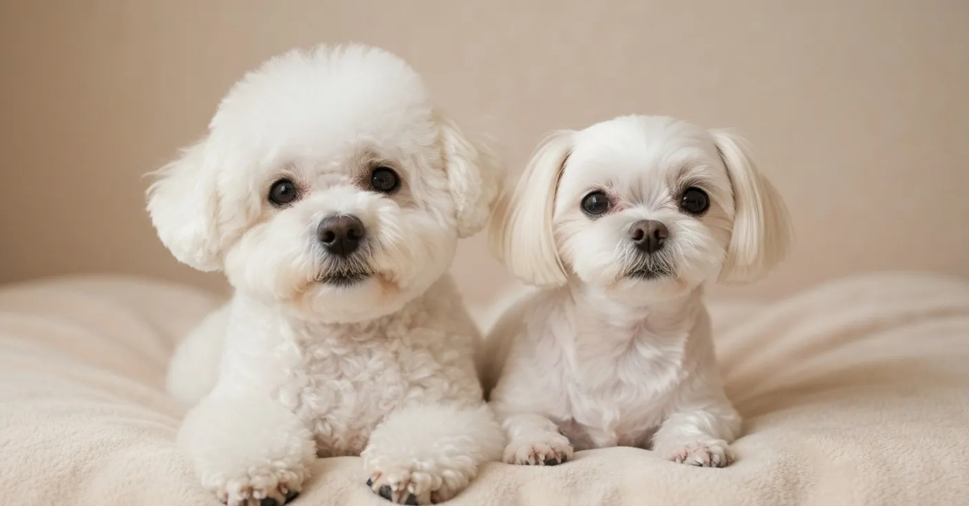 Side-by-side of a Bichon Frise and a Maltese, both showing tear staining under the eyes.