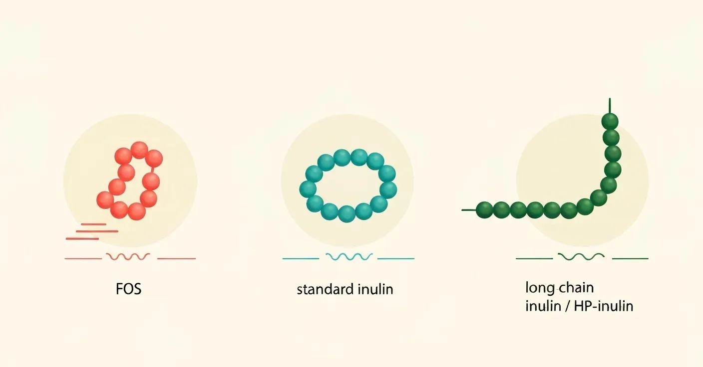 An illustrative diagram comparing short-chain FOS, mid-length inulin, and long-chain inulin, with arrows indicating slower fermentation as chain length increases