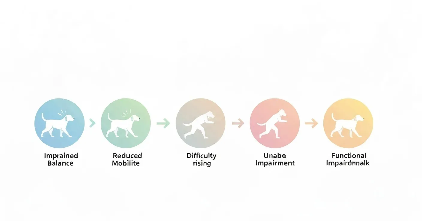 Infographic showing the vicious cycle of muscle loss in senior dogs: reduced activity leads to muscle atrophy, which leads to joint strain, which leads to discomfort, which further reduces activity.