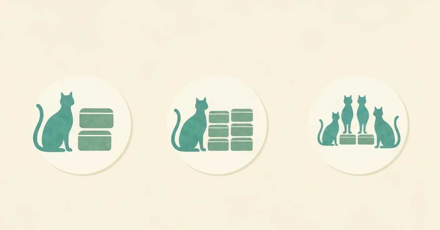 A simple infographic showing the n+1 rule with cat silhouettes — one cat with two boxes, two cats with three boxes, three cats with four boxes — and labeled box dimensions.
