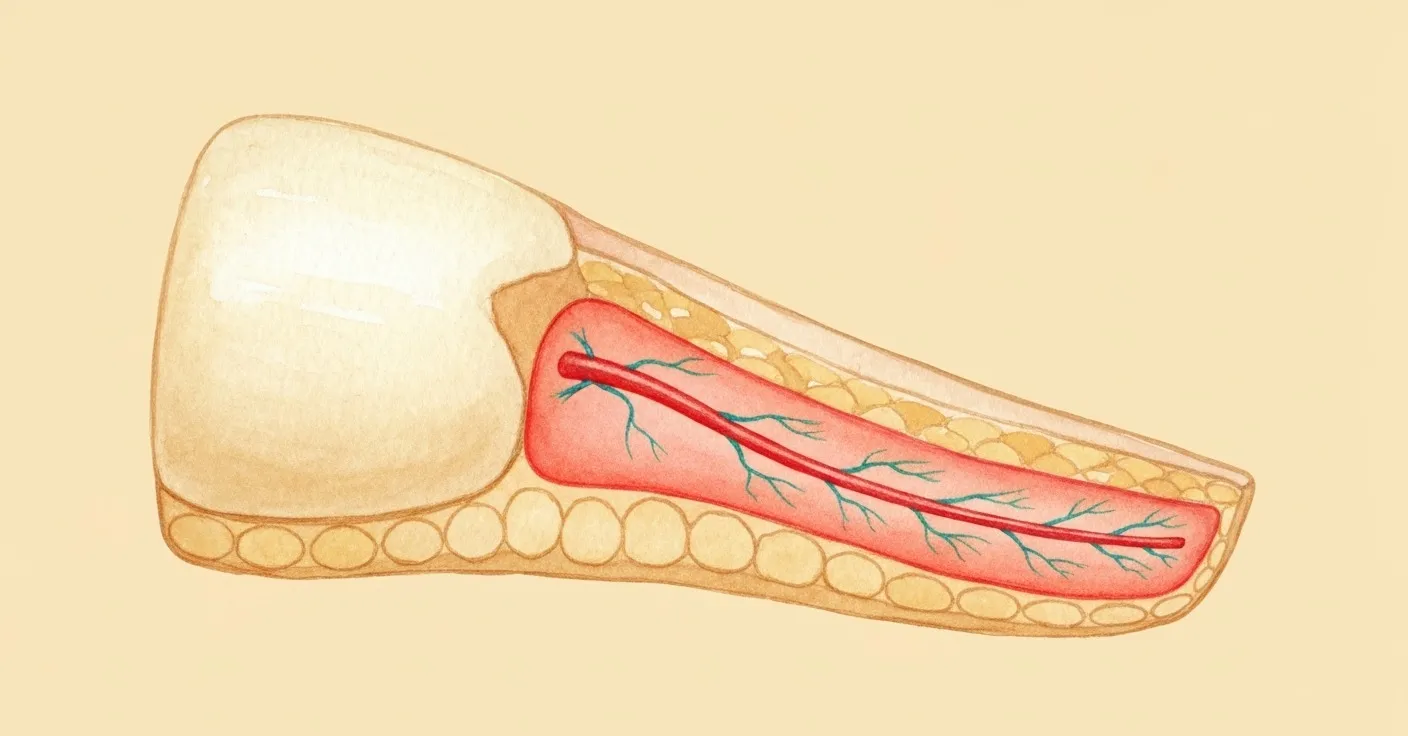 Cross-section diagram of a dog nail showing concentric layers — outer keratin shell, middle dentin layer, and inner pink quick with blood vessel and nerve.