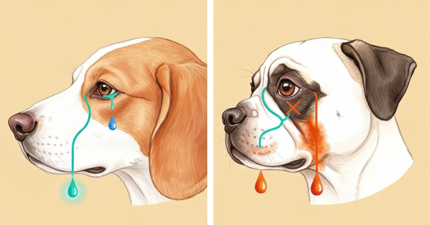 Anatomical illustration of the canine nasolacrimal duct system, showing normal tear drainage versus overflow in brachycephalic breeds.